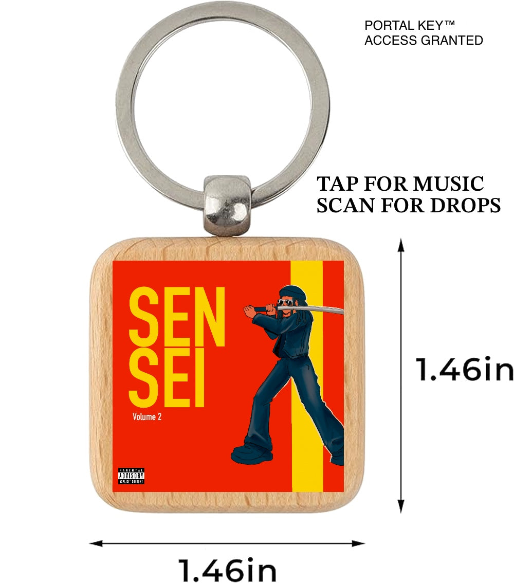 PortalKey Keychain with a design of LeeTheSensei in a black outfit and red background holding a sword, featuring text and dimensions.