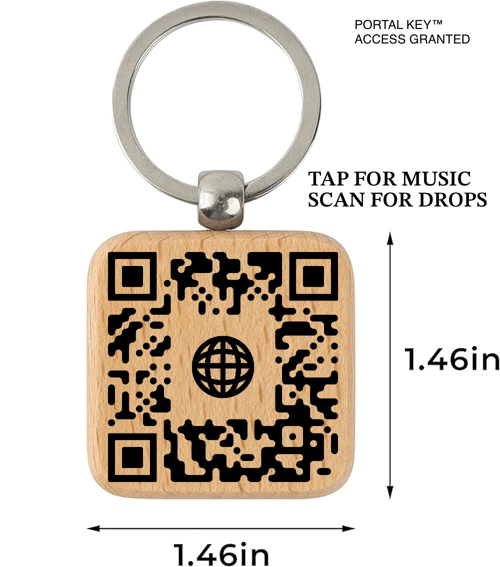 Wooden keychain with QR code design and metal ring, featuring text and measurements.