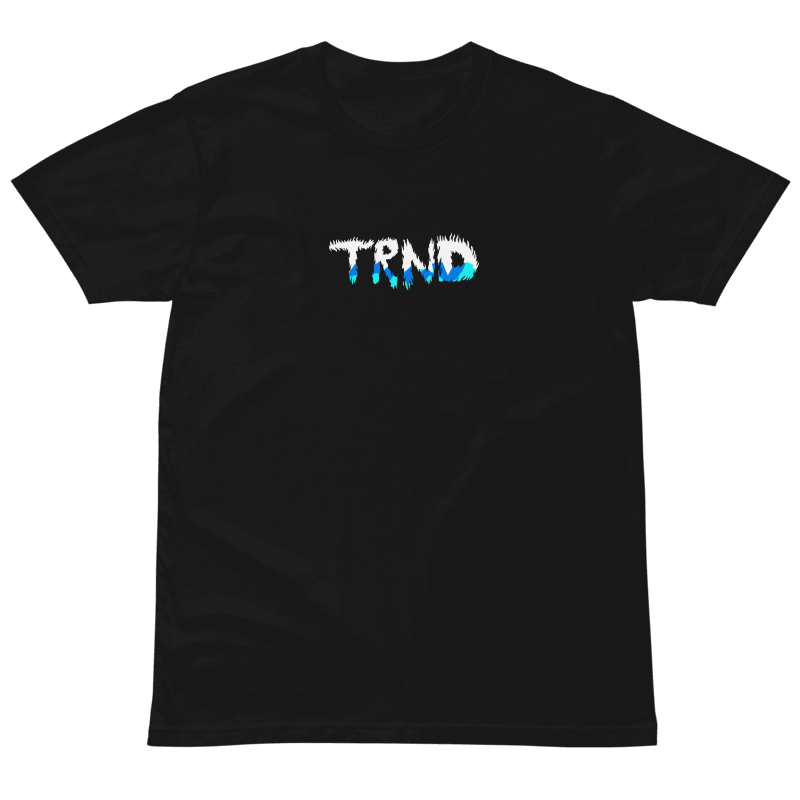 Black t-shirt with 'TRND' Mantra 26' logo on a white background