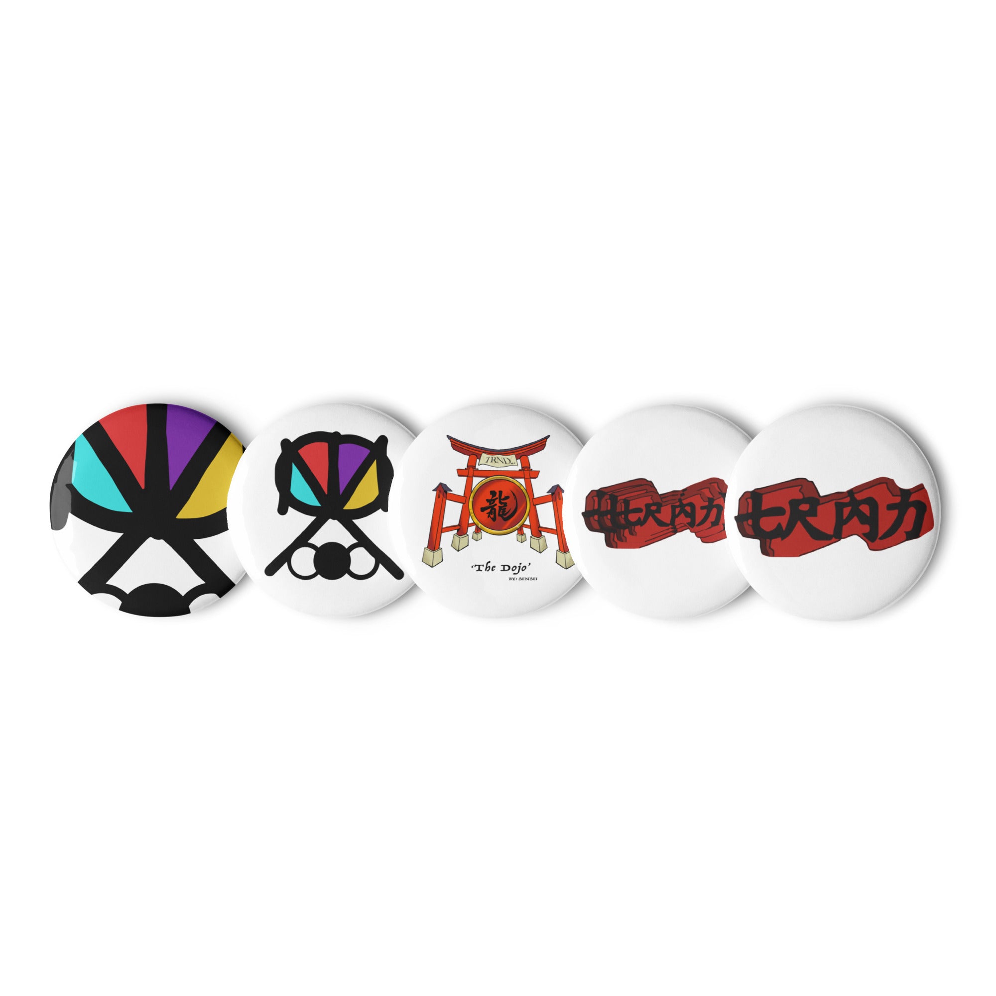 Set of five colorful buttons with various TRND designs on a white background